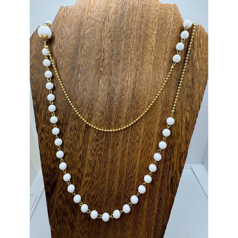 Vintage White Milk Glass Bead Gold Tone Ball Chain Layered Necklace Long